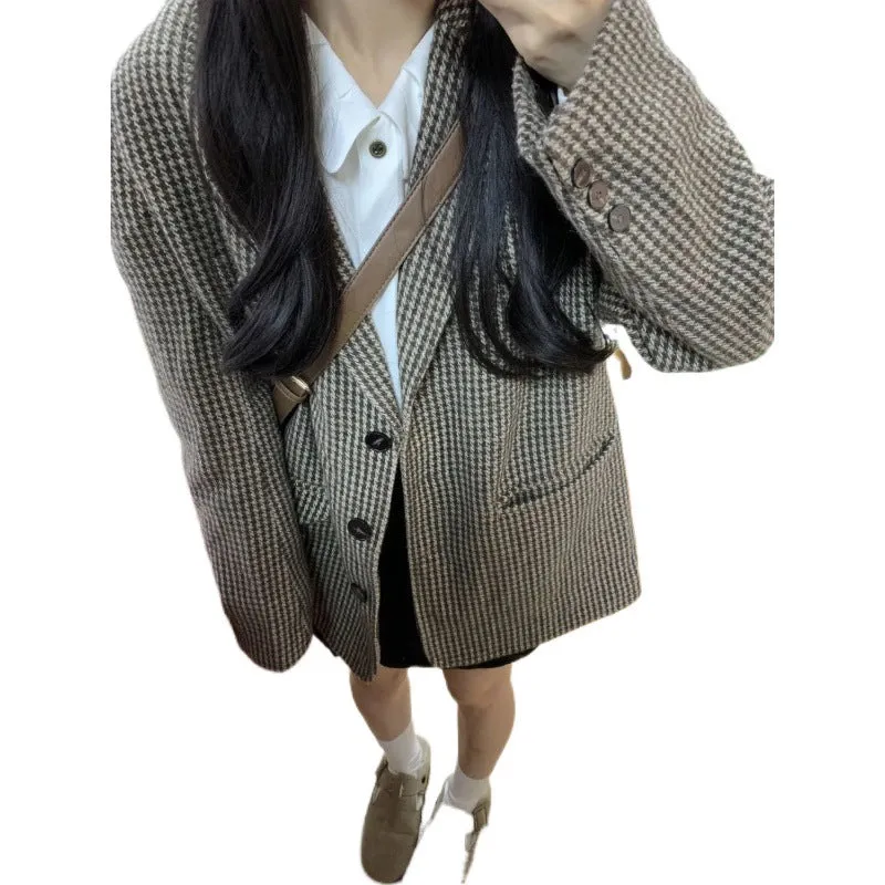 Aiertu leapord halloween outfit Plaid Coat for Women Spring and Autumn Korean Style Retro High-Grade Woolen Suit Woolen Suit