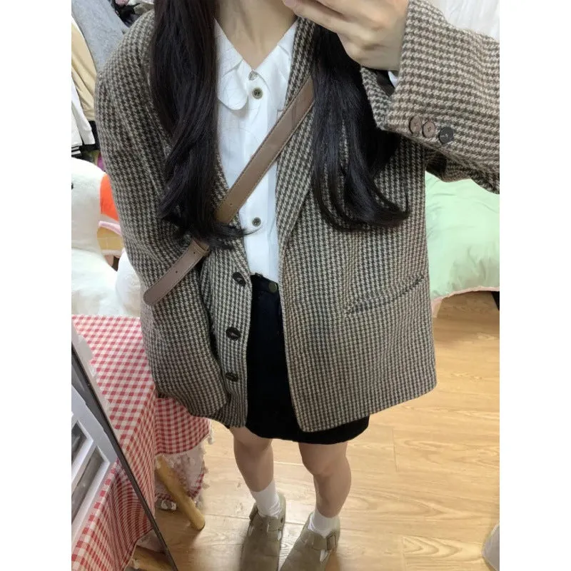 Aiertu leapord halloween outfit Plaid Coat for Women Spring and Autumn Korean Style Retro High-Grade Woolen Suit Woolen Suit