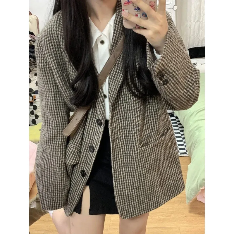 Aiertu leapord halloween outfit Plaid Coat for Women Spring and Autumn Korean Style Retro High-Grade Woolen Suit Woolen Suit