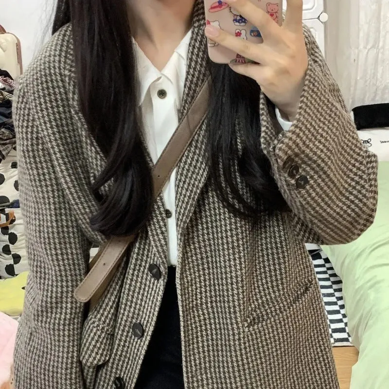 Aiertu leapord halloween outfit Plaid Coat for Women Spring and Autumn Korean Style Retro High-Grade Woolen Suit Woolen Suit