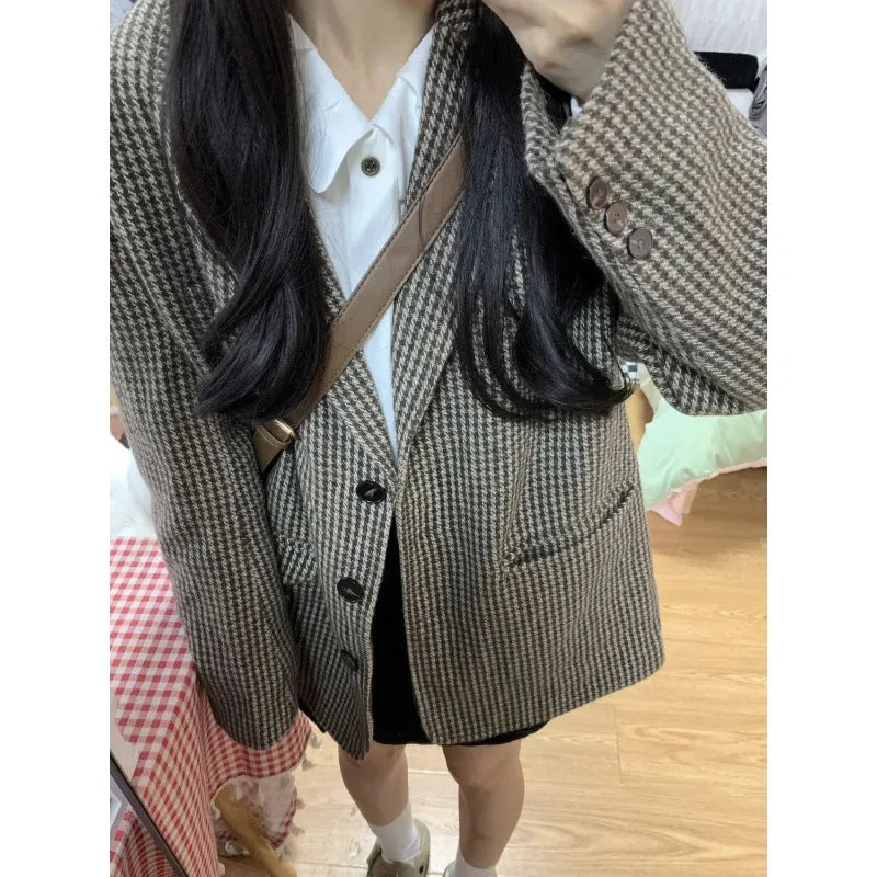 Aiertu leapord halloween outfit Plaid Coat for Women Spring and Autumn Korean Style Retro High-Grade Woolen Suit Woolen Suit