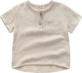 Ashmyova Boys Cotton Linen Shirt Toddler Boys Pocket Button Short Sleeve T Shirt Tees Tops