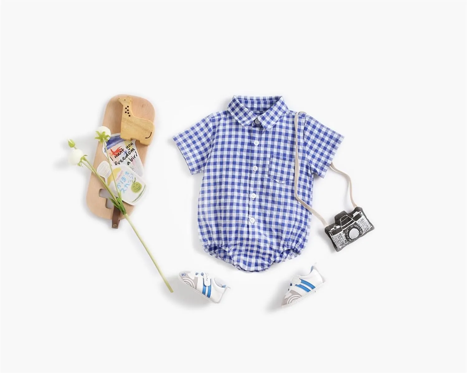 Baby Button Down Shirt, Gingham Plaid Short Sleeve Shirt Style Bodysuit, 0-3 Years