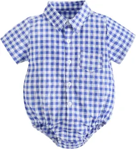 Baby Button Down Shirt, Gingham Plaid Short Sleeve Shirt Style Bodysuit, 0-3 Years