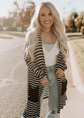 Black & White Striped Long Pocket Cardigan