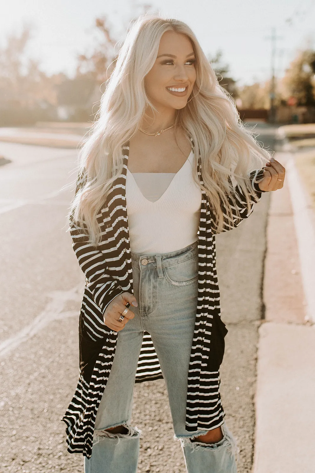 Black & White Striped Long Pocket Cardigan