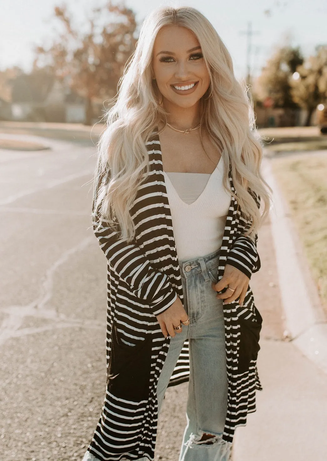 Black & White Striped Long Pocket Cardigan