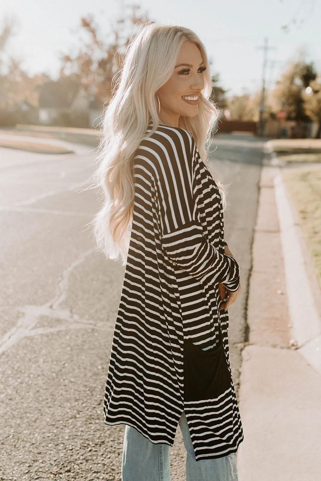 Black & White Striped Long Pocket Cardigan