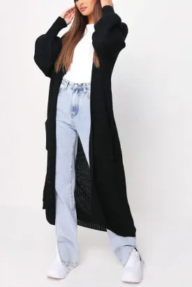 Black Long Side Pocket Knitted Cardigan