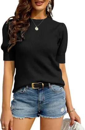 Bodosalia Womens Puff Short Sleeve Sweater Casual Summer Crew Neck Pullover Tops Ribbed Knit Sweater Blouse