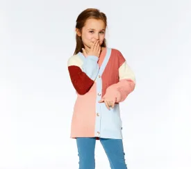 Color Block Knitted Cardigan | Salmon Pink, Sky, Terra Cotta