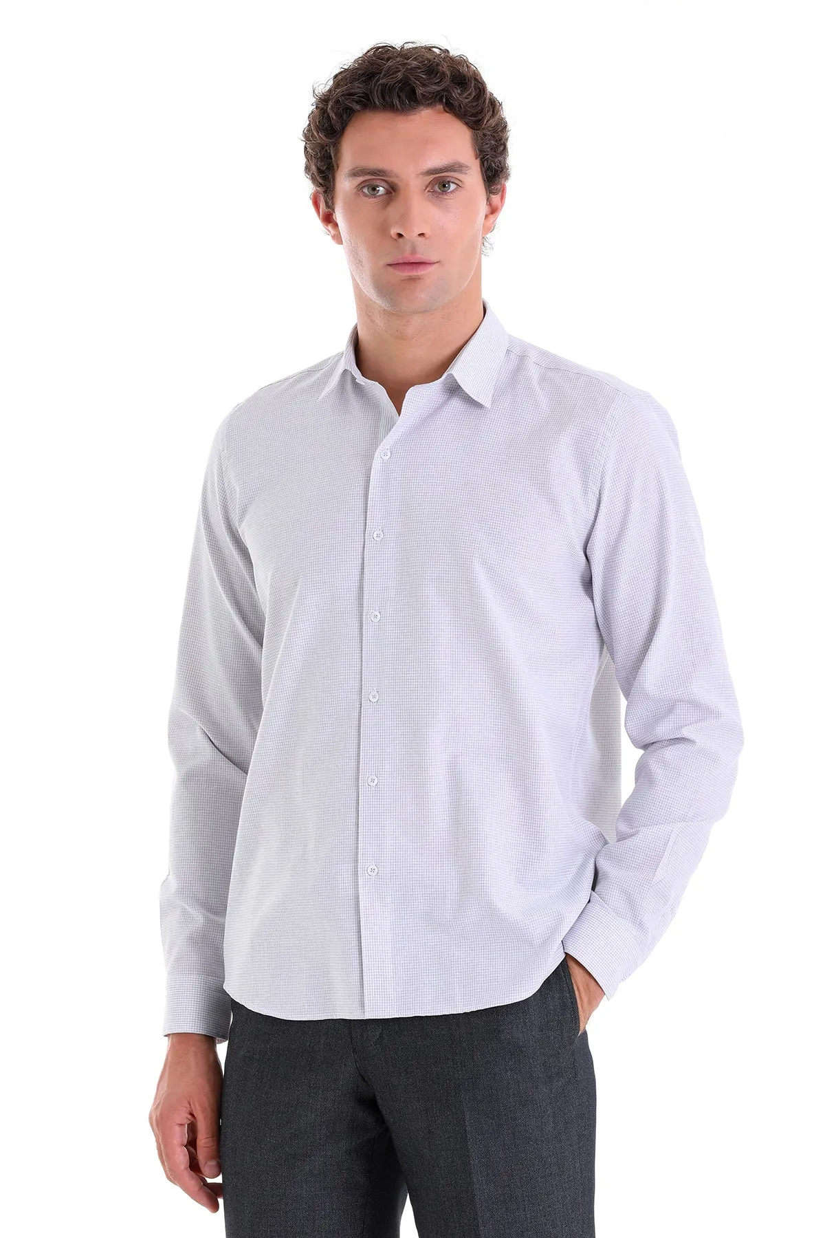 Comfort Fit Pin Check Cotton Blend Gray Casual Shirt