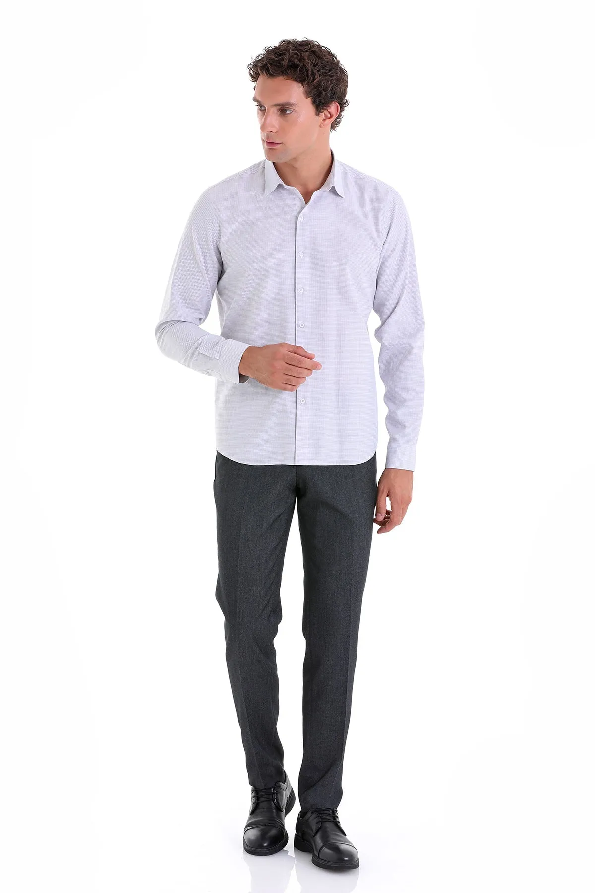 Comfort Fit Pin Check Cotton Blend Gray Casual Shirt