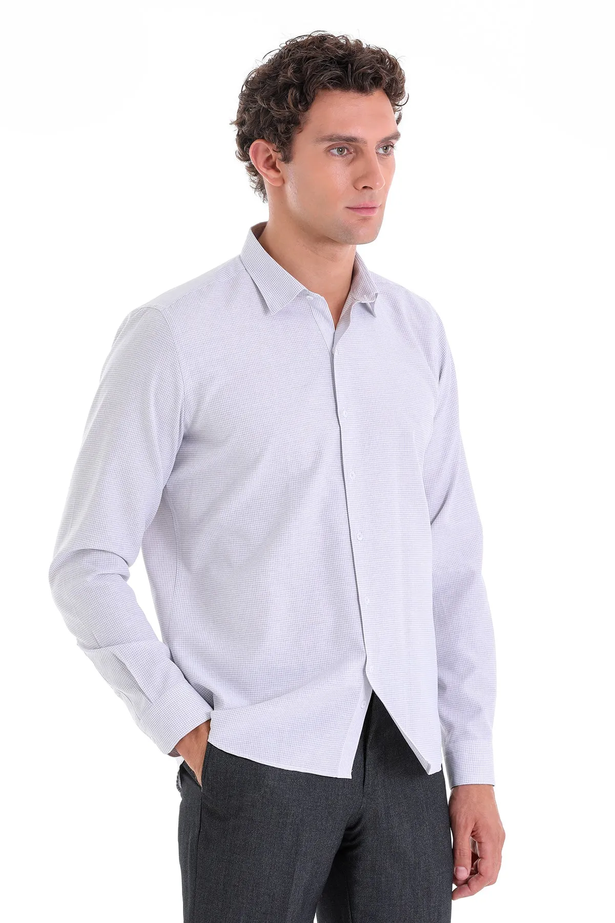 Comfort Fit Pin Check Cotton Blend Gray Casual Shirt