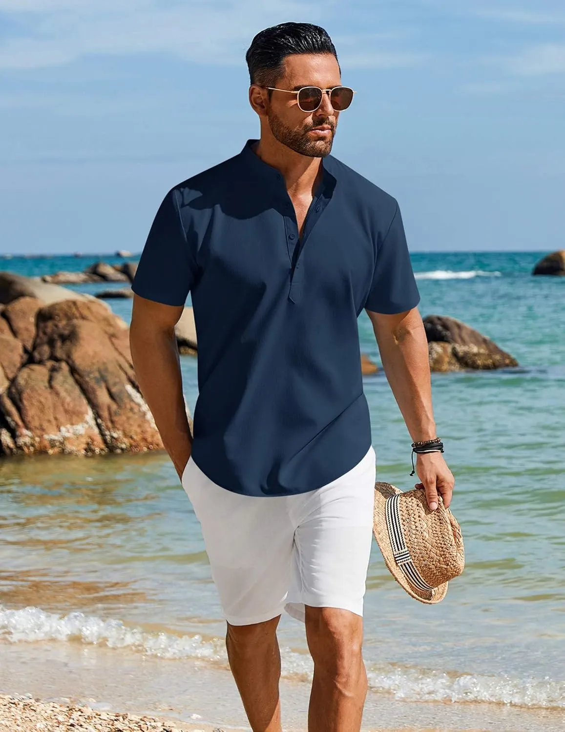 COOFANDY Men's Henley Shirt Short Sleeve Casual T-Shirt Summer Beach Hippie Henley Tee Shirt