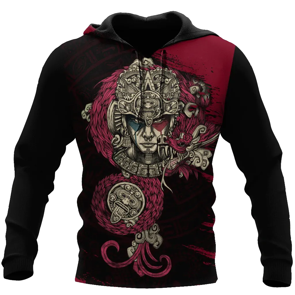 Coolspod Red Aztec Warriors Hoodie, 3D Hoodie With Aztec Man, Mexican Hoodies
