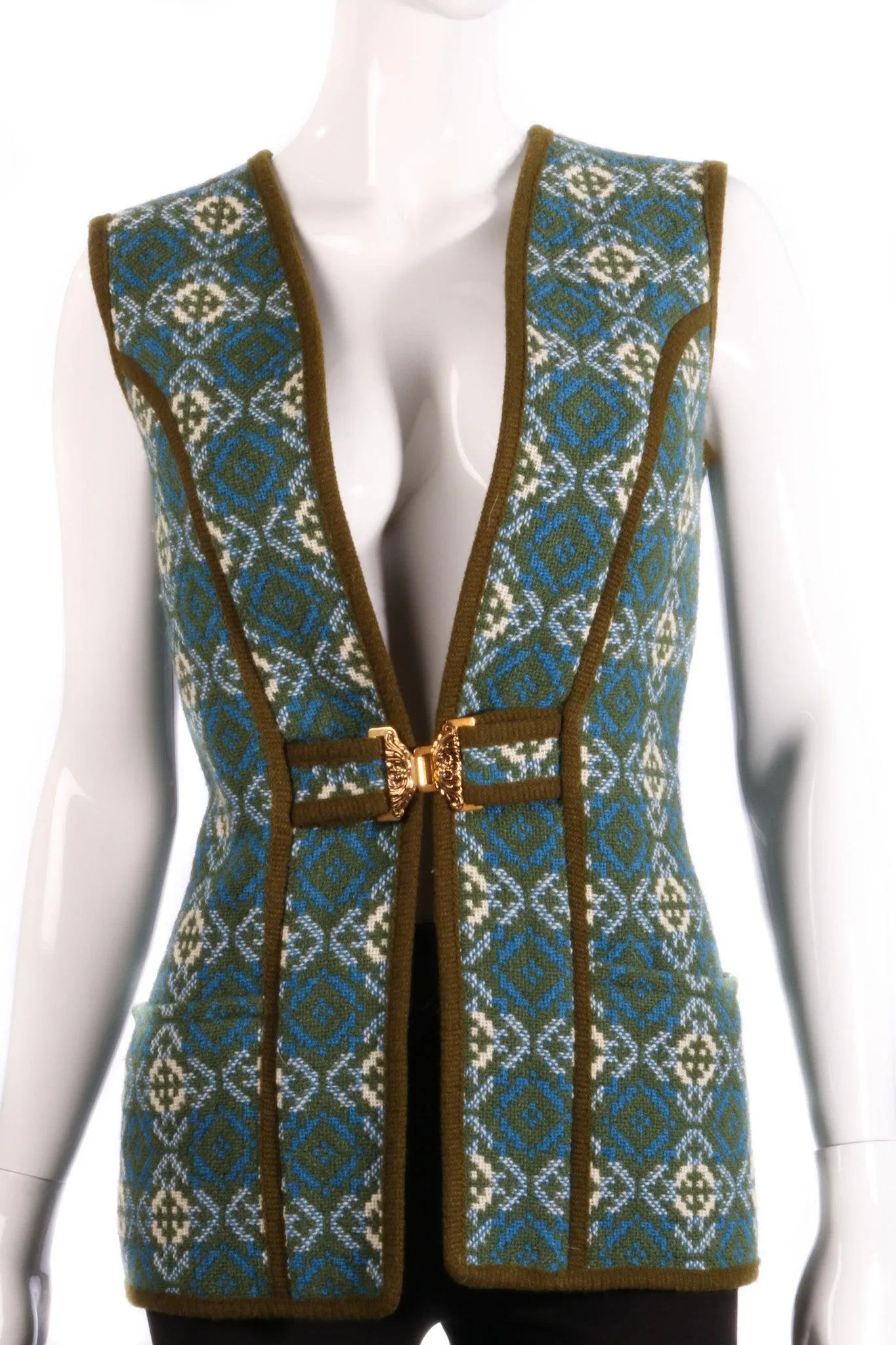 Coracle Clothes Welsh Wool Waistcoat with Clasp Green and Blue Size S