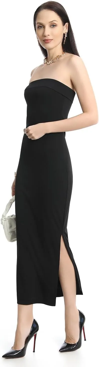Cosy Pyro Womens Bodycon Long Dresses Summer Fitted Dress Maxi Tube Dress Ribbed Strapless Side Slit