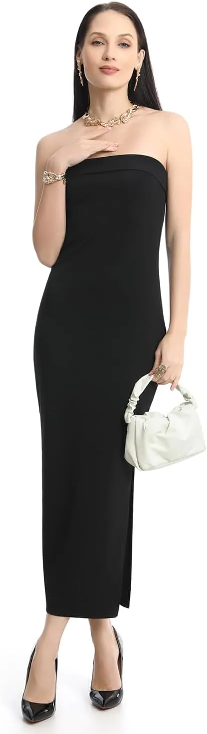 Cosy Pyro Womens Bodycon Long Dresses Summer Fitted Dress Maxi Tube Dress Ribbed Strapless Side Slit