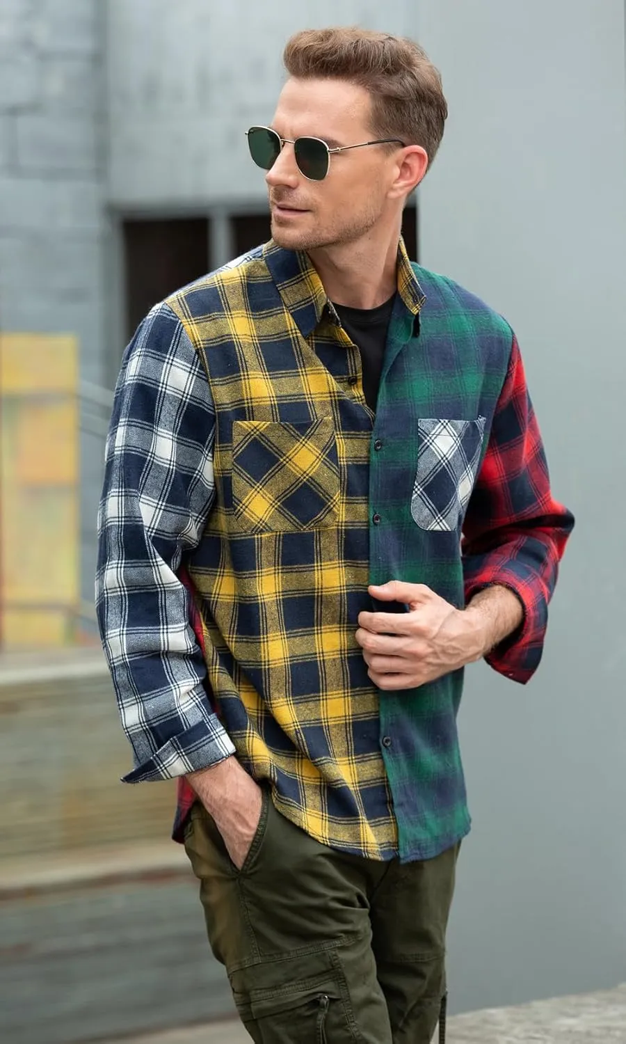 Cromoncent Men's Casual Flannel Shirt Plaid Long Sleeve Button Down Western Shirt