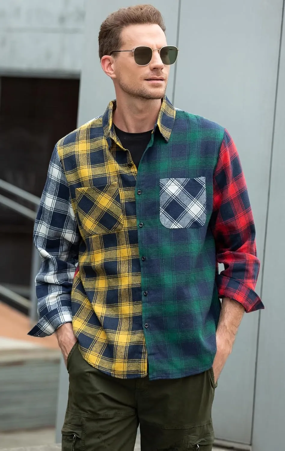 Cromoncent Men's Casual Flannel Shirt Plaid Long Sleeve Button Down Western Shirt