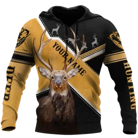 Custom Name Yellow And Black Deer Hunting Hoodie, 3D Full Printed Hunting Hoodie Leather Pattern