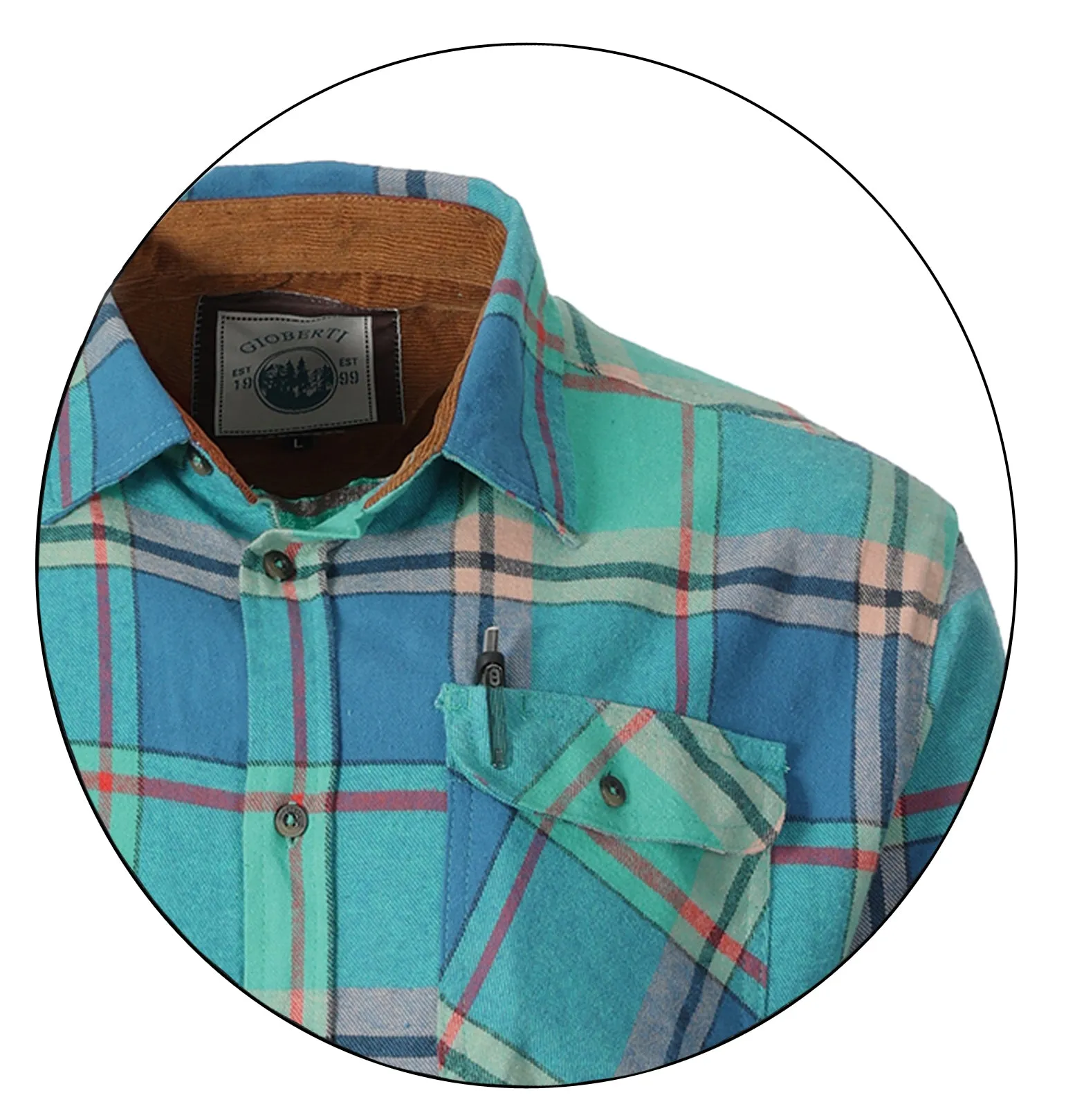 Gioberti Men's Aqua / Turquoise / Orange 100% Cotton Brushed Flannel Plaid Checkered Shirt with Corduroy Contrast