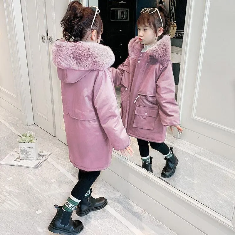 Girls' Fleece Lined Padded Warm Keeping Hooded Cotton-padded Coat