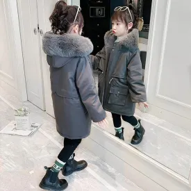 Girls' Fleece Lined Padded Warm Keeping Hooded Cotton-padded Coat