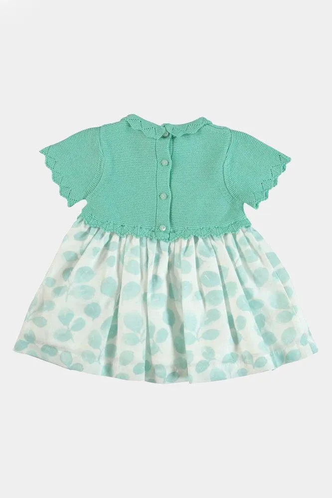 Green Knitted Top Leaves Print Girl Dress