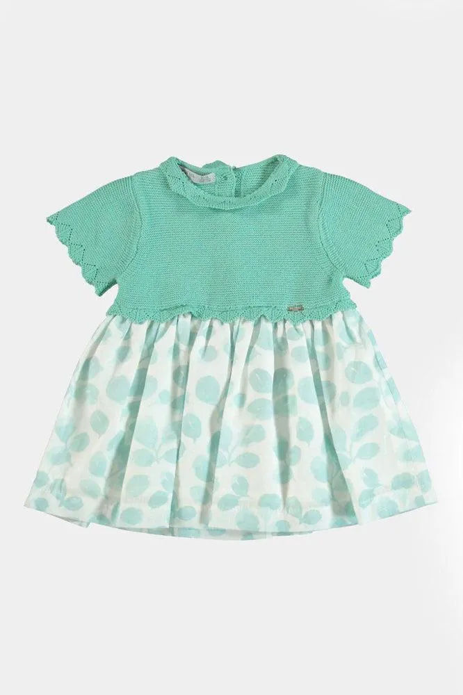 Green Knitted Top Leaves Print Girl Dress