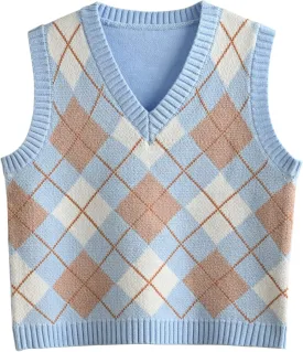 Hyipels Women's Sweater Vest,Y2K Sleeveless Pattern Preppy Style Knitted Crop Tank Top for Girl