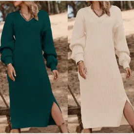 Knitted V-Neck Side Slit Dress