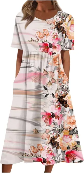 Ladies Dress Pleated Basic Round Neck 2024 Short-Sleeve Midi Loose Daily Women's Dresses Classic with Pocket