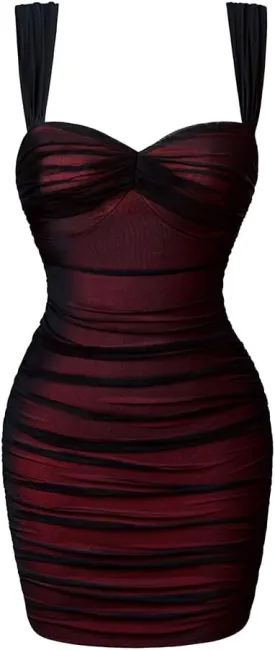 LAGSHIAN Women's Summer Sexy Bodycon Sleeveless Tank Straps Mesh Ruched Mini Party Dress