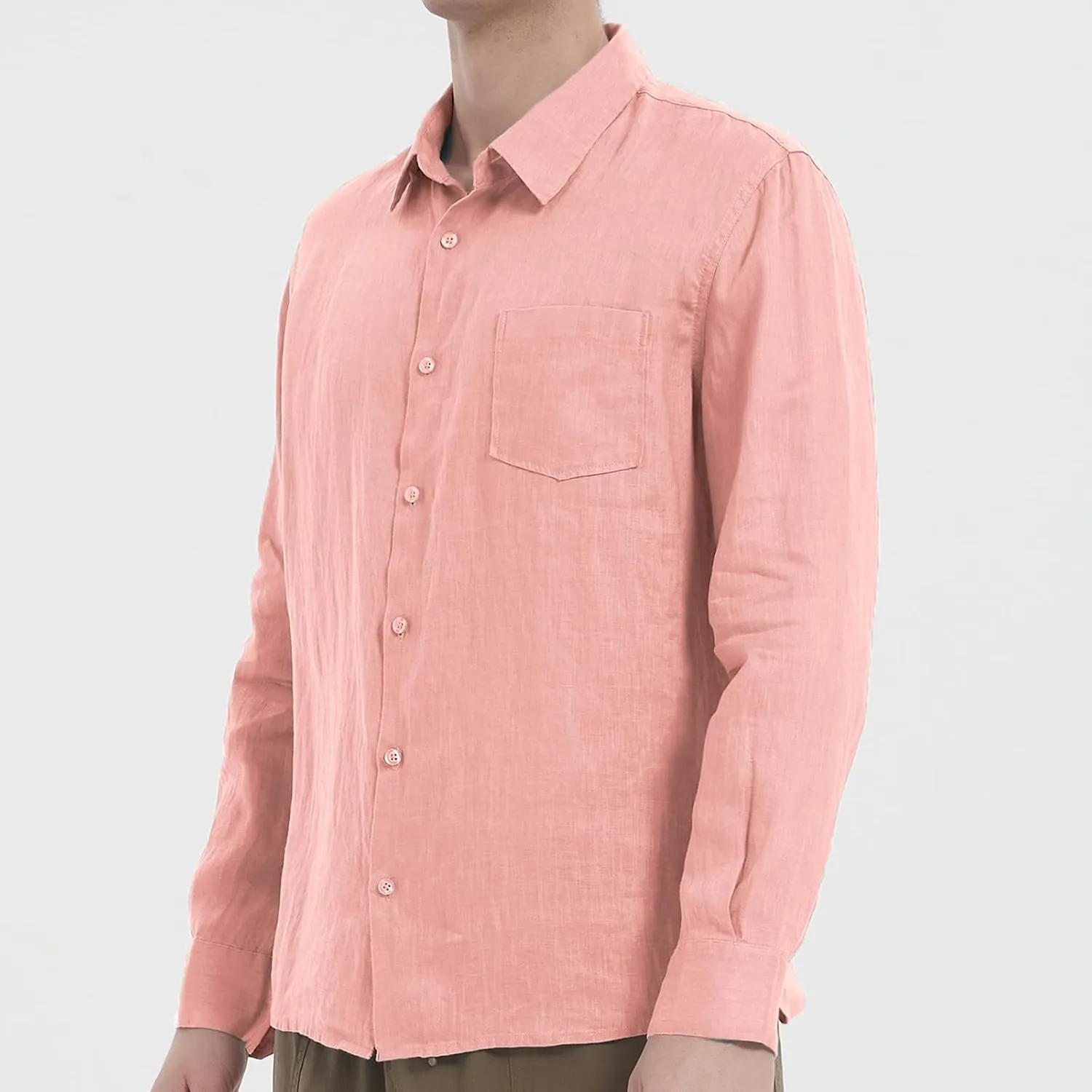Men's 100% Linen Shirt Casual Long Sleeve Button-Down Shirt for Men Lightweight Linen Shirt with Pockets
