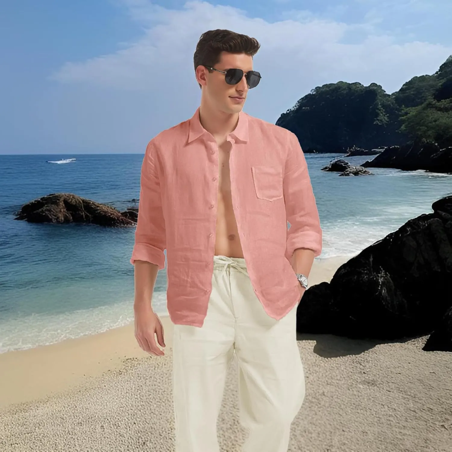Men's 100% Linen Shirt Casual Long Sleeve Button-Down Shirt for Men Lightweight Linen Shirt with Pockets