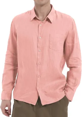 Men's 100% Linen Shirt Casual Long Sleeve Button-Down Shirt for Men Lightweight Linen Shirt with Pockets