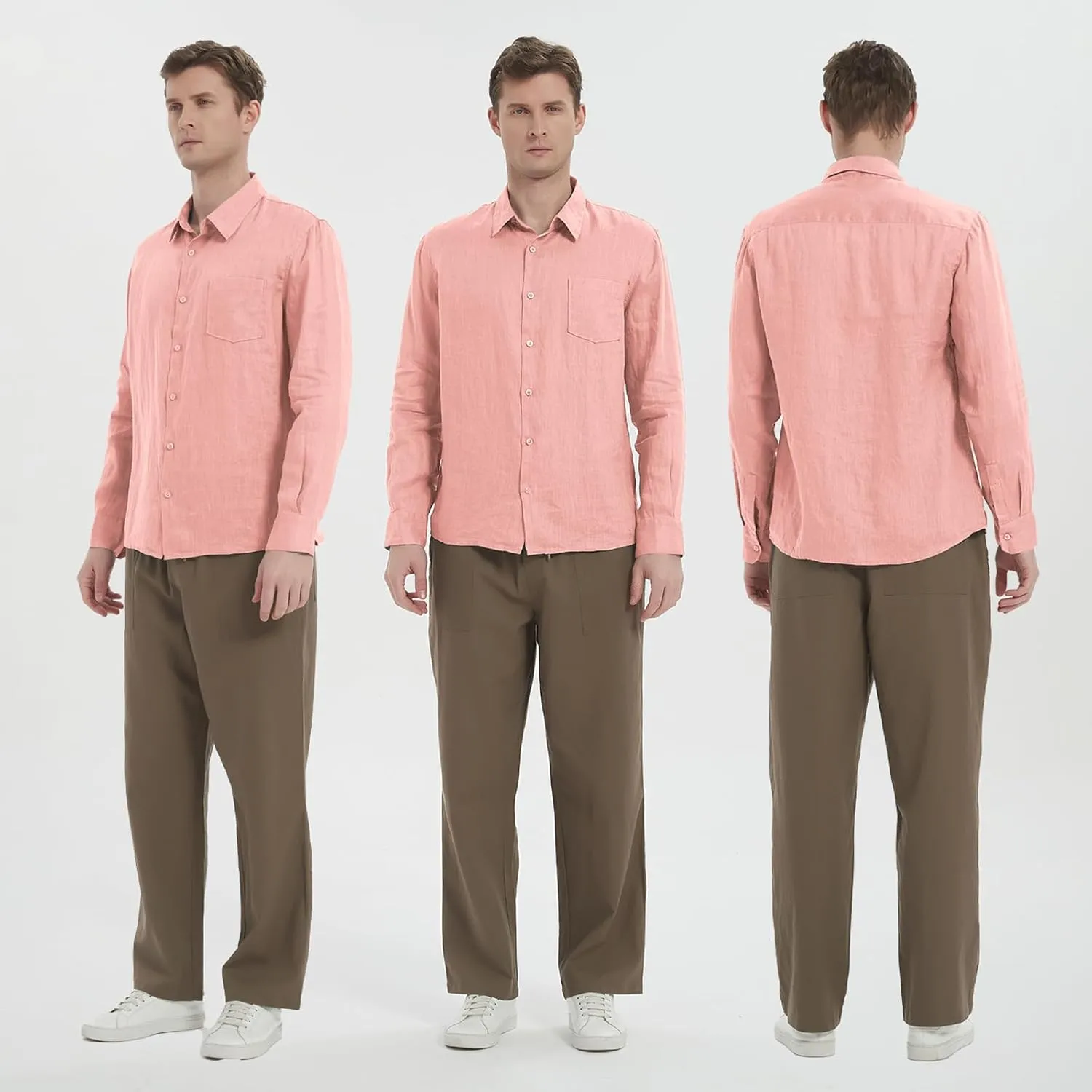 Men's 100% Linen Shirt Casual Long Sleeve Button-Down Shirt for Men Lightweight Linen Shirt with Pockets