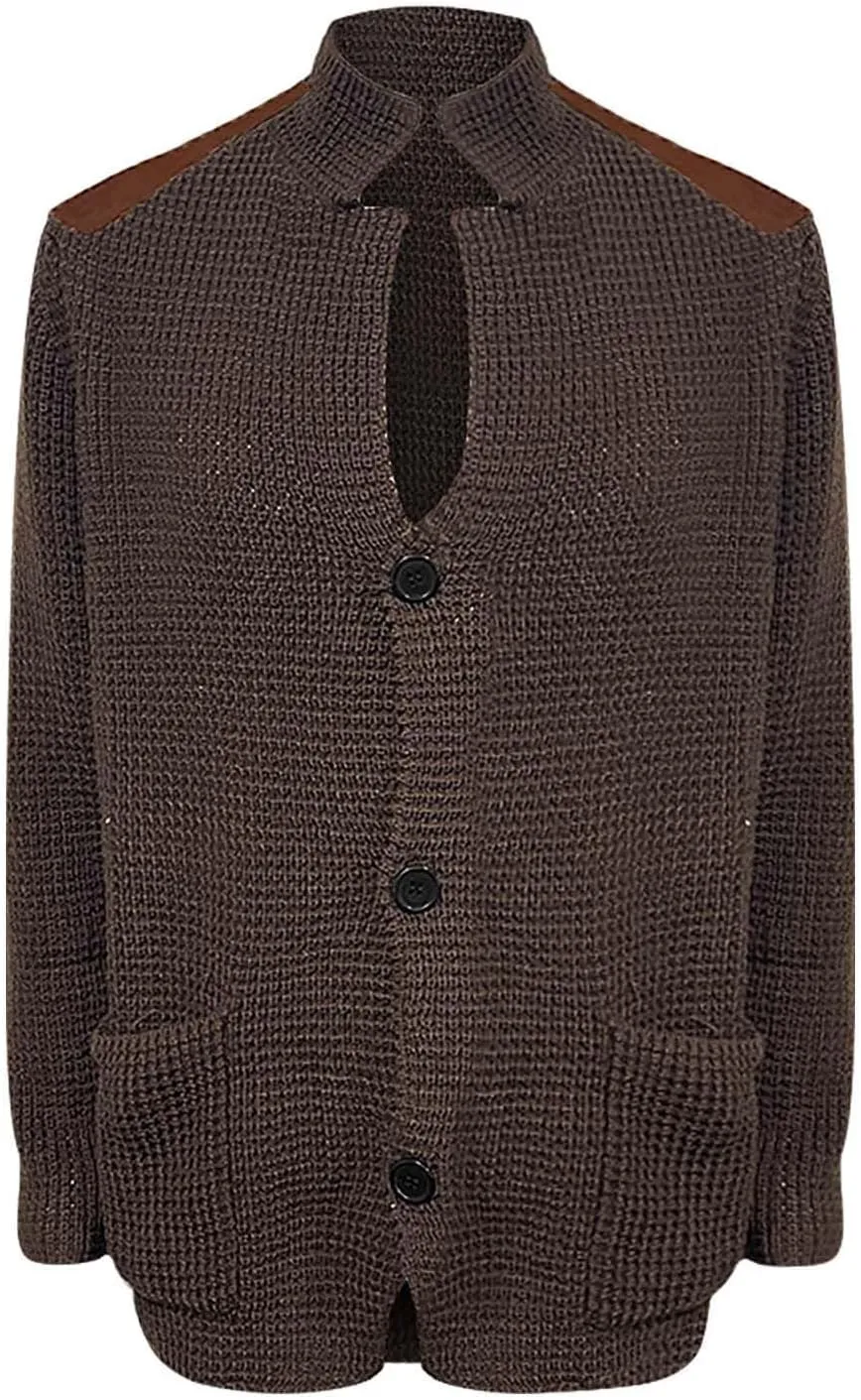 Men's Cable Knit Cardigan Sweater Western Vintage Button-Up Casual Chunky Thermal Sweatshirt Coats with Elbow Patches
