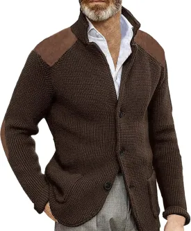 Men's Cable Knit Cardigan Sweater Western Vintage Button-Up Casual Chunky Thermal Sweatshirt Coats with Elbow Patches