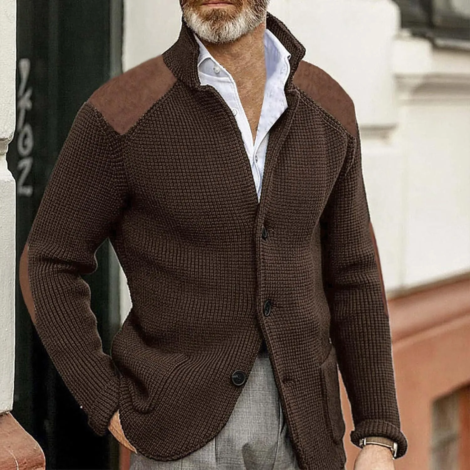 Men's Cable Knit Cardigan Sweater Western Vintage Button-Up Casual Chunky Thermal Sweatshirt Coats with Elbow Patches
