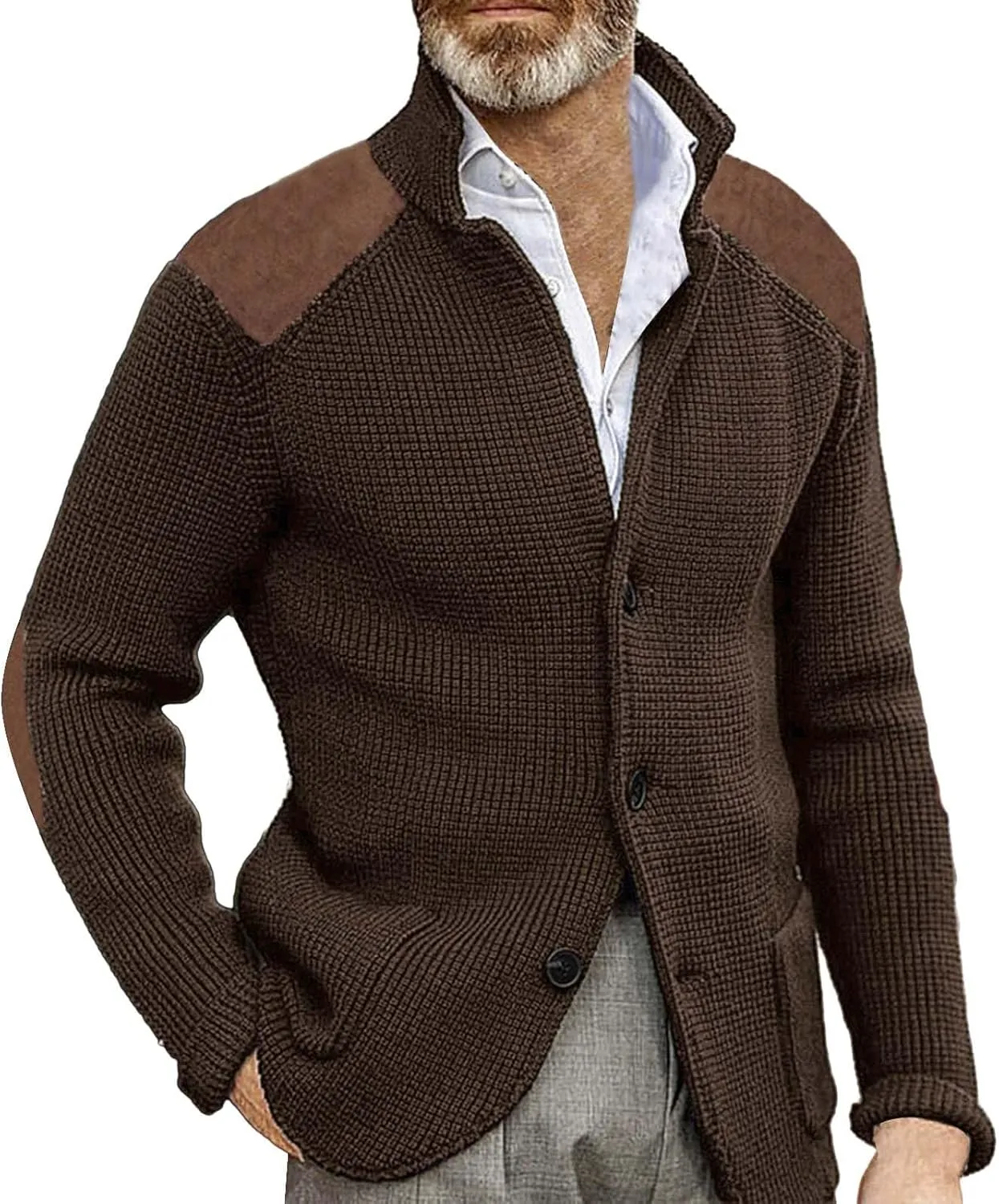 Men's Cable Knit Cardigan Sweater Western Vintage Button-Up Casual Chunky Thermal Sweatshirt Coats with Elbow Patches