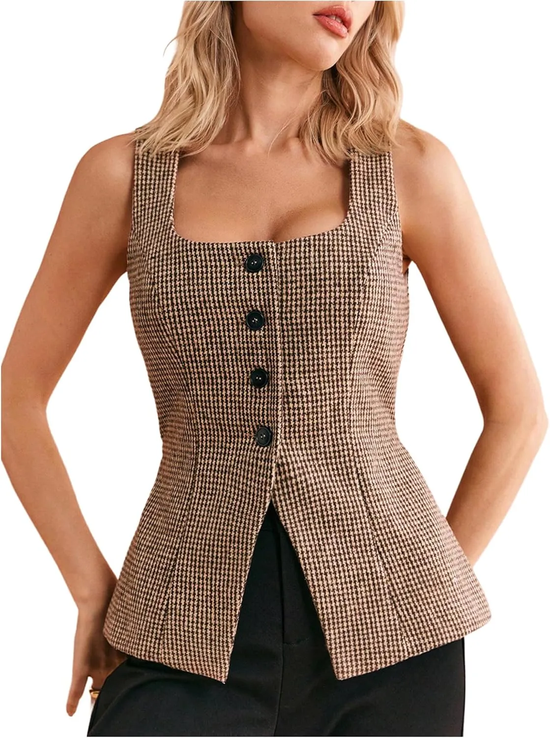 Milumia Women's Plaid Square Neck Sleeveless Blazer Vest Button Down Dressy Waistcoat