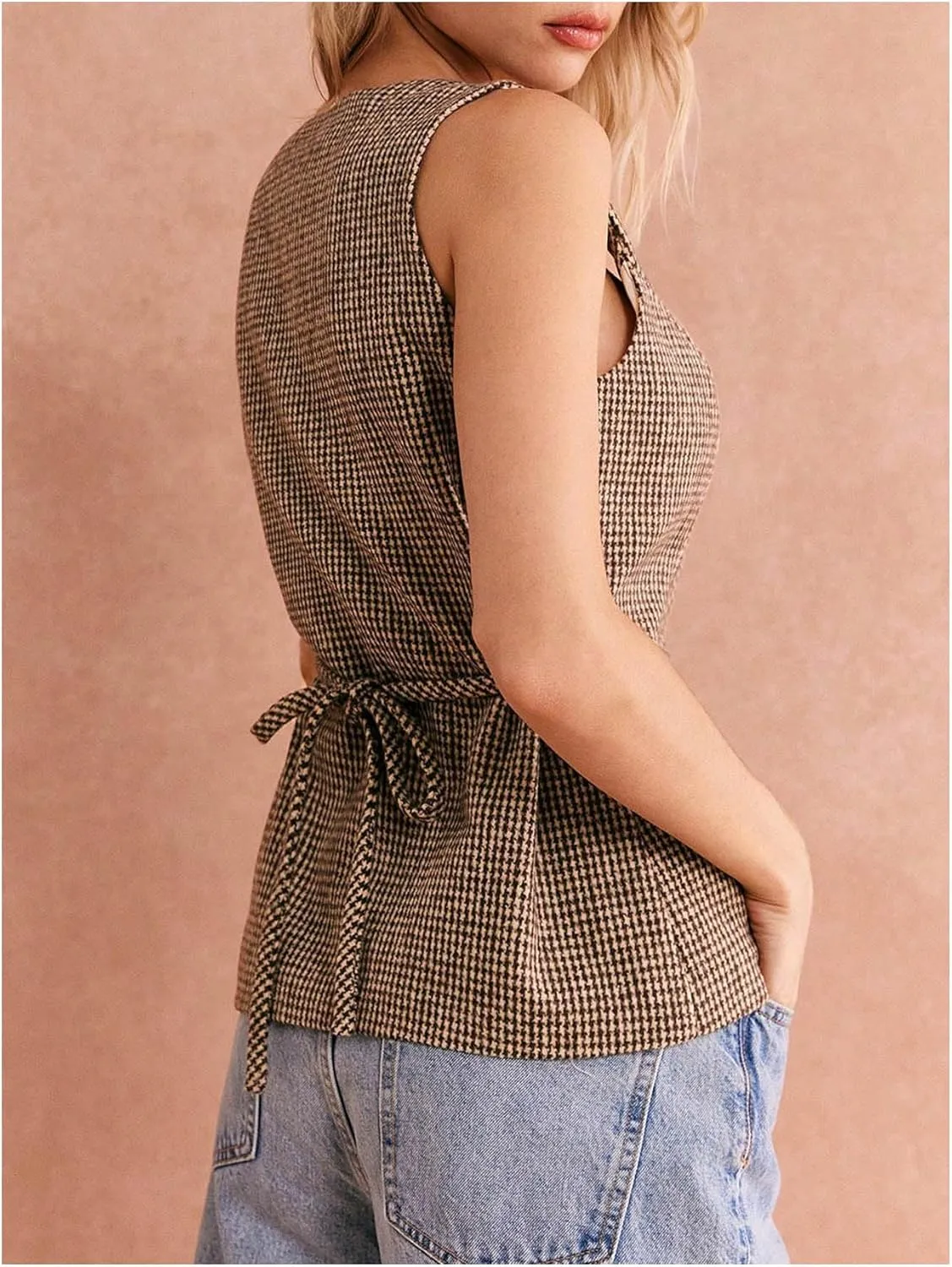 Milumia Women's Plaid Square Neck Sleeveless Blazer Vest Button Down Dressy Waistcoat