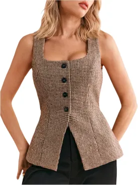 Milumia Women's Plaid Square Neck Sleeveless Blazer Vest Button Down Dressy Waistcoat