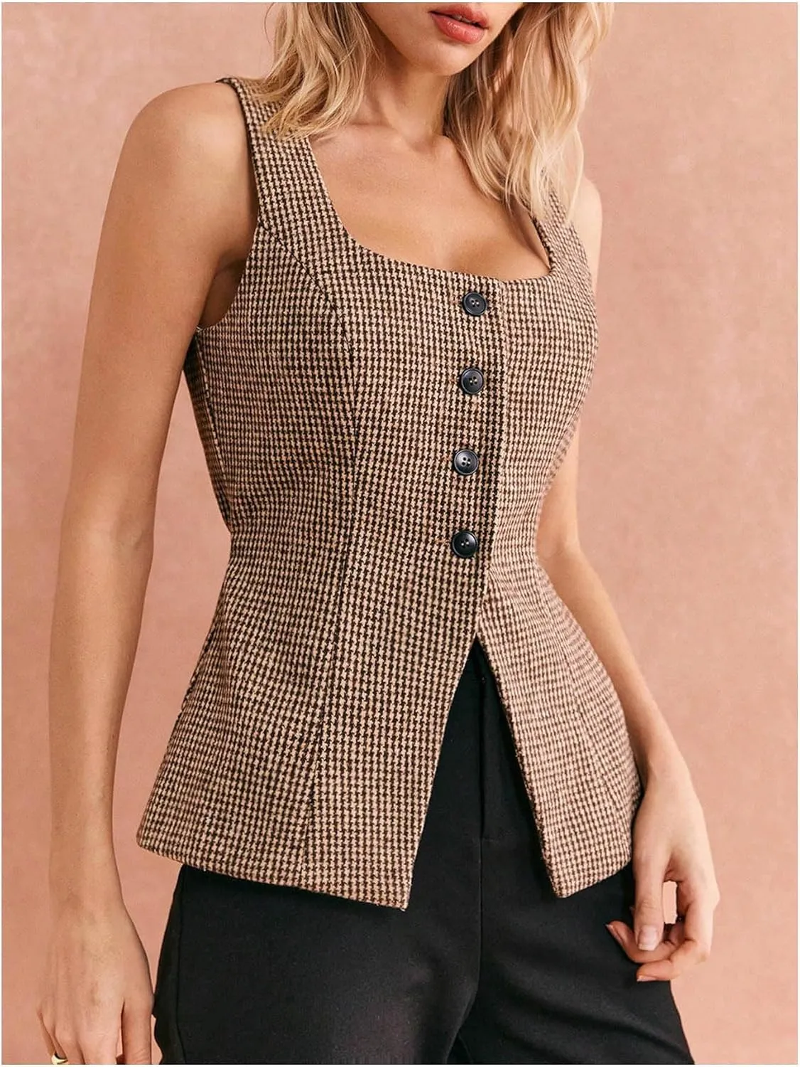 Milumia Women's Plaid Square Neck Sleeveless Blazer Vest Button Down Dressy Waistcoat