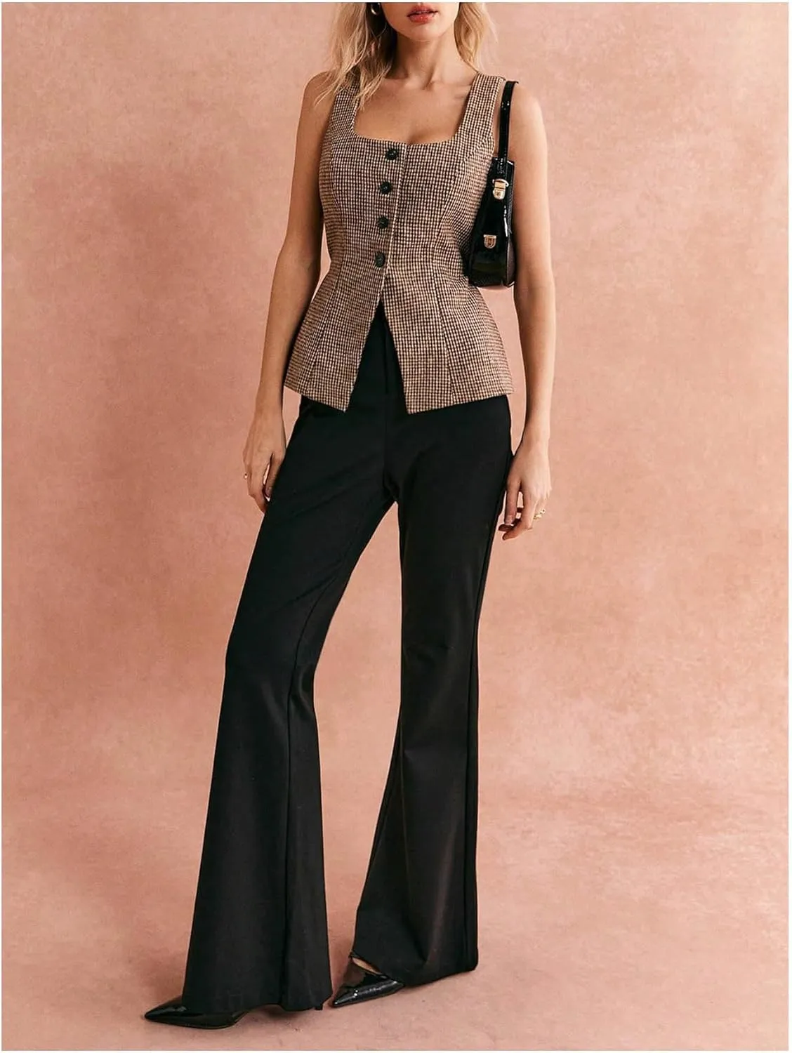 Milumia Women's Plaid Square Neck Sleeveless Blazer Vest Button Down Dressy Waistcoat