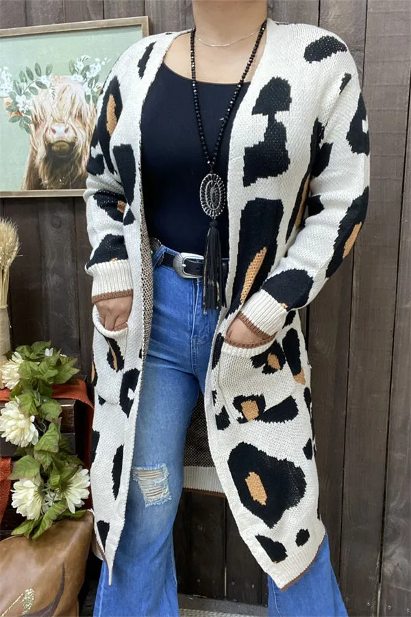 MY15267 Big Leopard printed long style cardigan/sweater long sleeve tighten cuff knitted fabric