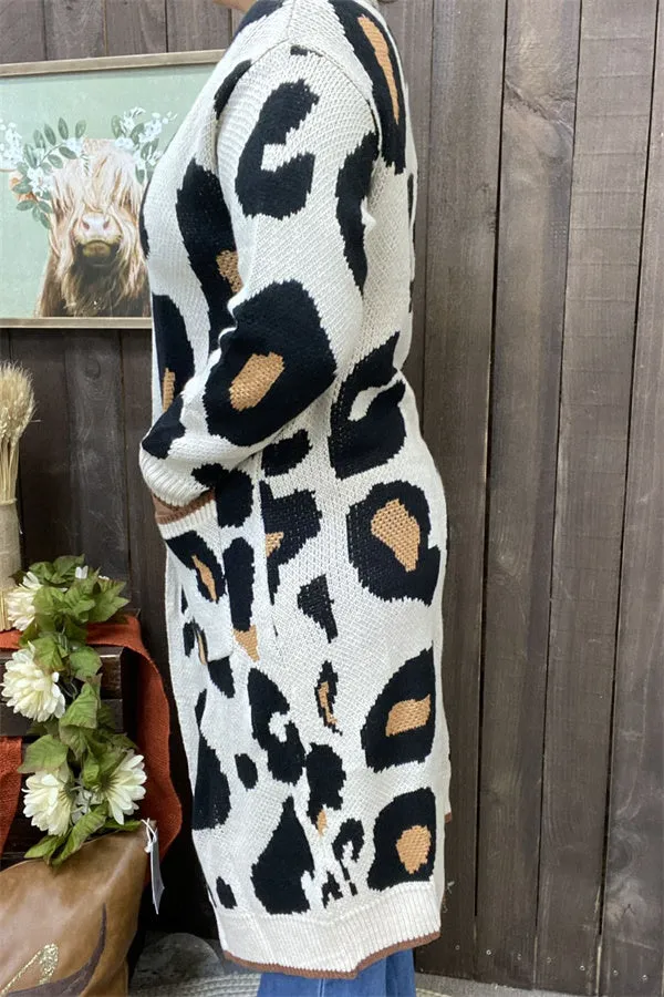 MY15267 Big Leopard printed long style cardigan/sweater long sleeve tighten cuff knitted fabric